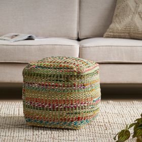 Madrid Handcrafted Boho Fabric Pouf, Sage and Multi-Color