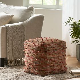 Coriander Boho Jute and Cotton Pouf, Multicolor